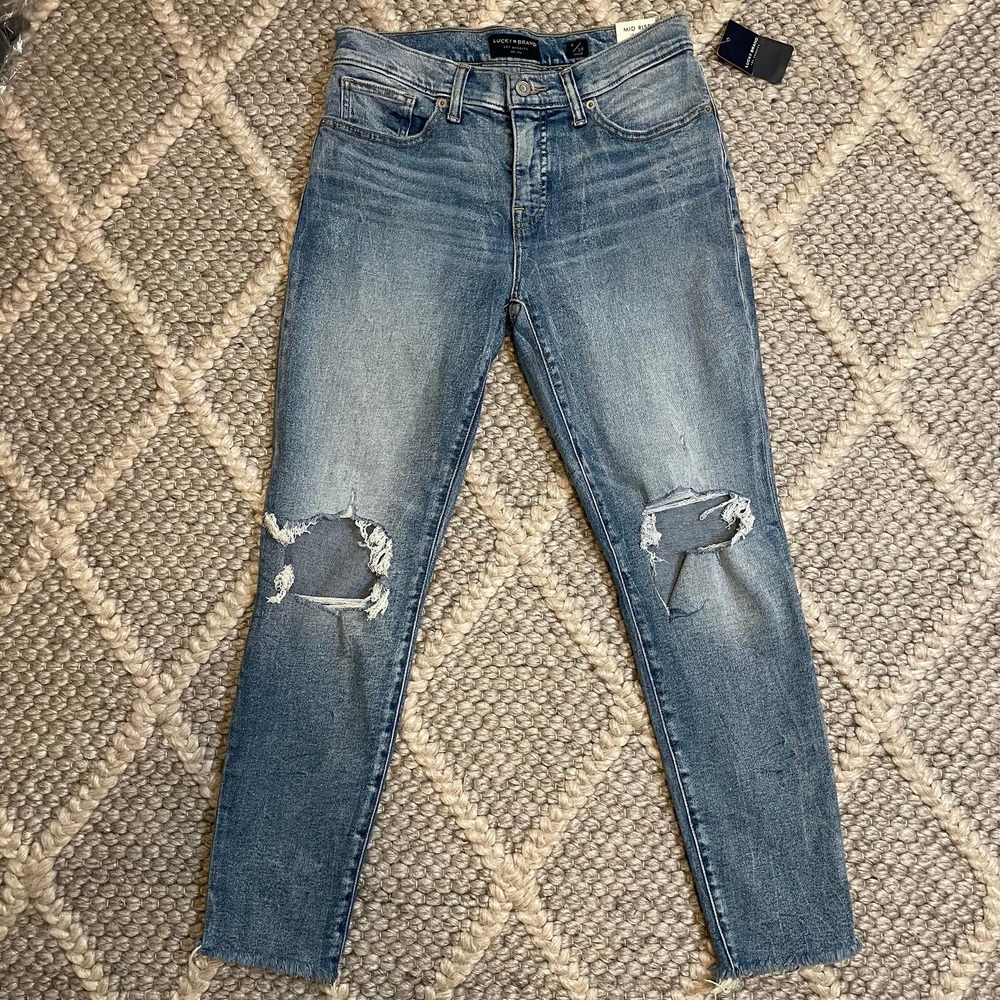 NWT! LUCKY BRAND Mid-Rise Light Blue Busted Knee Ava Skinny Jeans Raw Hem - Sz 8